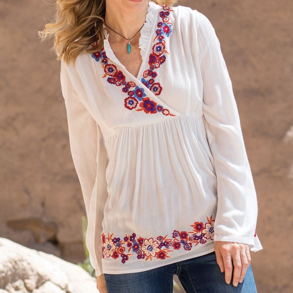 Sahalie long sleeve white floral blouse
